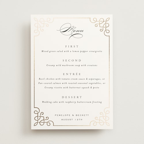 This is a pearl menu cards with foil pressed by Janean Hinger called intertwined printing on signature in 5x7