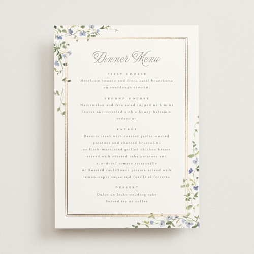 This is a bluebell menu cards with foil pressed by Everett Paper Goods called flowering vine printing on signature in 5x7