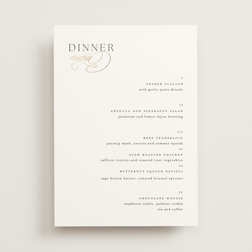 This is a silk menu cards with foil pressed by Kelly Schmidt called left align printing on signature in 5x7