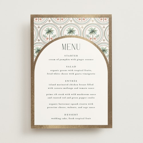 This is a sand menu cards with foil pressed by Maria Alou called vintage palms printing on signature in 5x7