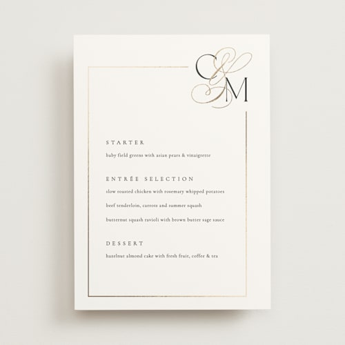 This is a silk menu cards with foil pressed by Kelly Schmidt called golden ampersand printing on signature in 5x7