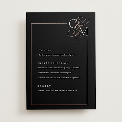 This is a midnight menu cards with foil pressed by Kelly Schmidt called golden ampersand printing on signature in 5x7