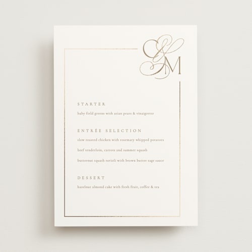 This is a golden menu cards with foil pressed by Kelly Schmidt called golden ampersand printing on signature in 5x7