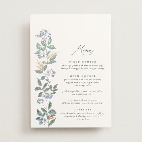 This is a sapphire menu cards with foil pressed by Olivia Raufman called climbing florals printing on signature in 5x7