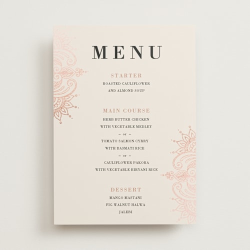 This is a champagne rose menu cards with foil pressed by Oma N. Ramkhelawan called regal mehndi printing on signature in standard