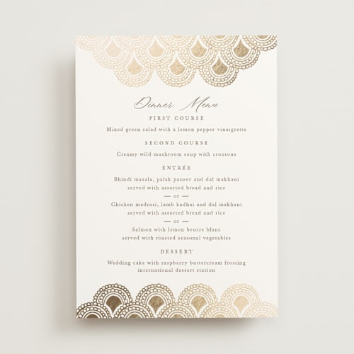 This is a lily menu cards with foil pressed by Mansi Verma called gilded henna printing on signature in standard