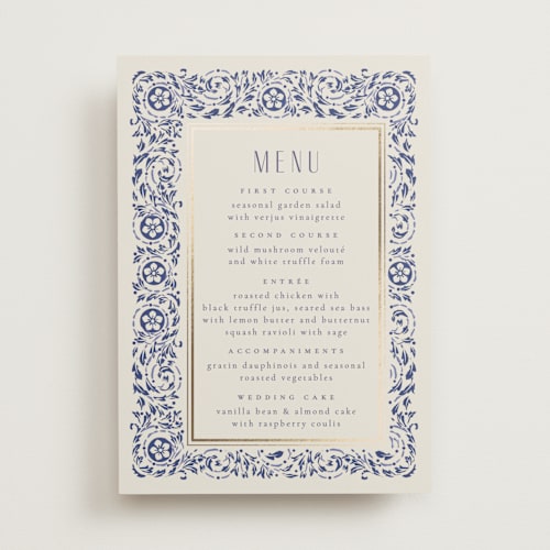 This is a dynasty blue menu cards with foil pressed by Ana de Sousa called tiled romance printing on signature in 5x7