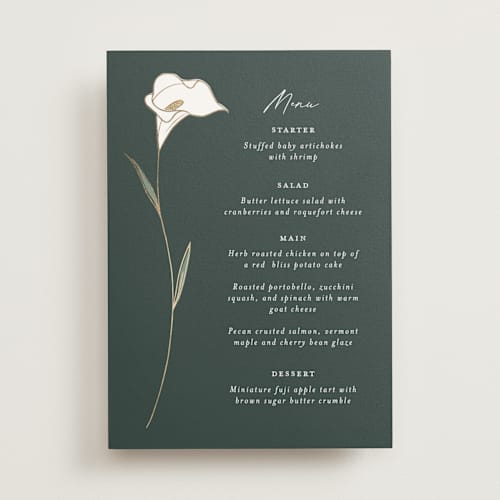 This is a forest menu cards with foil pressed by Stacey Meacham called elegant lillies printing on signature in 5x7