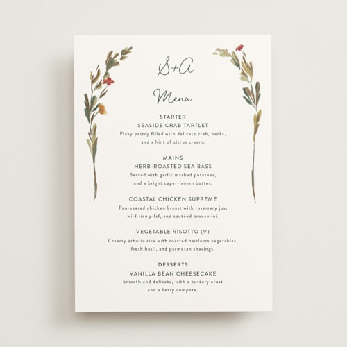 This is a garden green menu cards with foil pressed by Lucrecia Caporale called coastal bloom printing on signature in standard