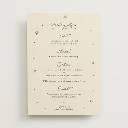 This is a noir menu cards with foil pressed by Ani Somi called written in the stars printing on signature in standard