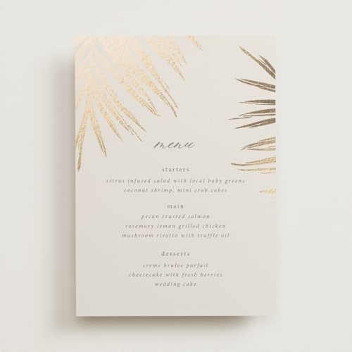 This is a sand menu cards with foil pressed by Melinda Denison called gilded palm printing on signature in standard