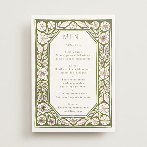 This is a avocado menu cards with foil pressed by Katharine Watson called inlay frame printing on signature in standard