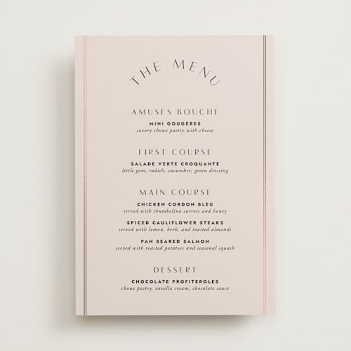 This is a blush menu cards with foil pressed by Kindred Fields called deco band printing on signature in standard