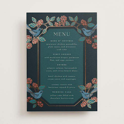 This is a onyx menu cards with foil pressed by Ana de Sousa called wedding birds printing on signature in standard