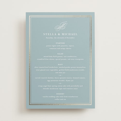 This is a powder blue menu cards with foil pressed by Jennifer Postorino called polished printing on signature in 5x7