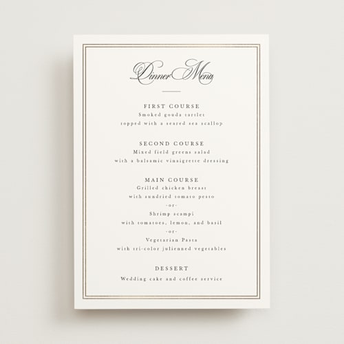 This is a snow menu cards with foil pressed by Sarah Brown called traditionalist printing on signature in standard