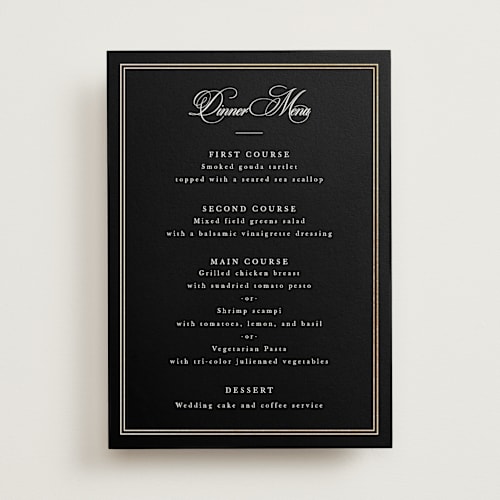 This is a coal menu cards with foil pressed by Sarah Brown called traditionalist printing on signature in standard