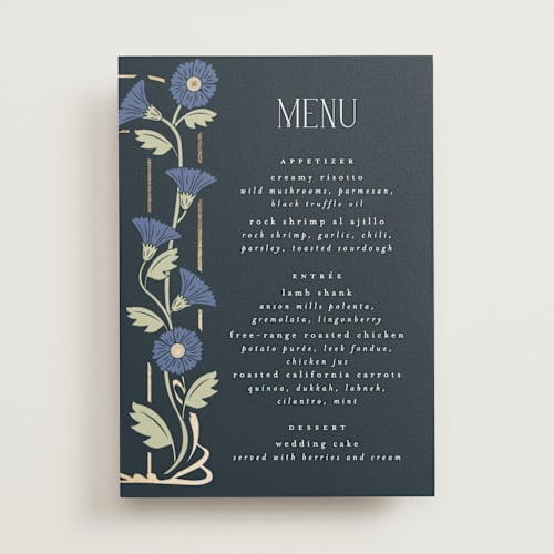 This is a lilac menu cards with foil pressed by Hudson meet Rose called nouveau printing on signature in standard