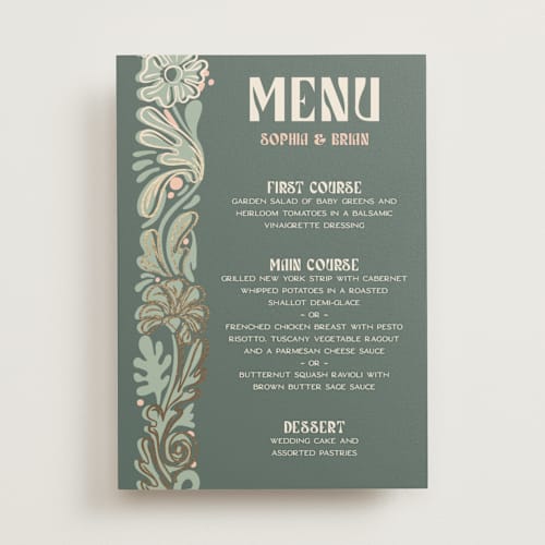 This is a sage menu cards with foil pressed by GeekInk Design called nouveau frame printing on signature in standard