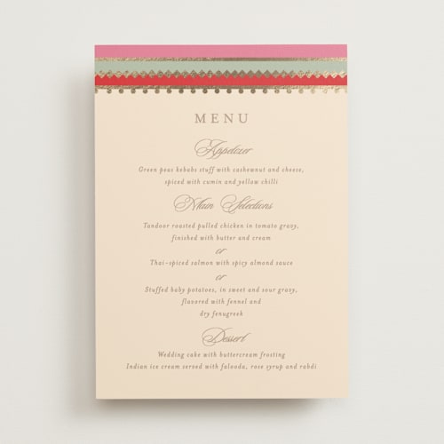 This is a carnation menu cards with foil pressed by Creo Study called mandapam printing on signature in standard
