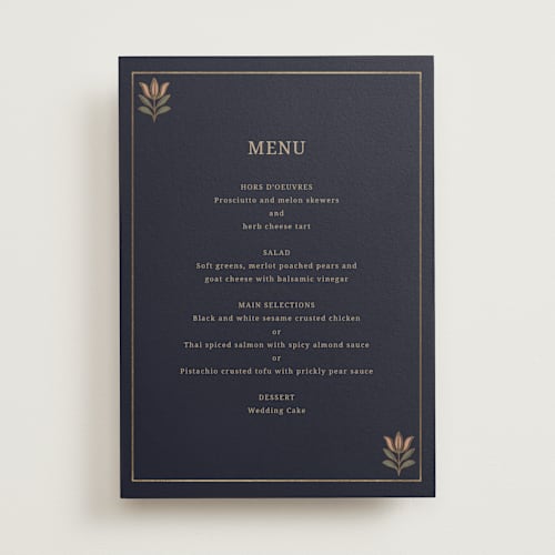 This is a navy menu cards with foil pressed by Jessica Beck called botanical tapestry printing on signature in standard