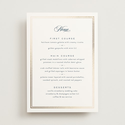 This is a royal navy menu cards with foil pressed by Olivia Raufman called anchored printing on signature in 5x7