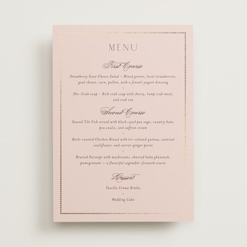 This is a rose quartz menu cards with foil pressed by Emily Betts called scallop monogram printing on signature in 5x7