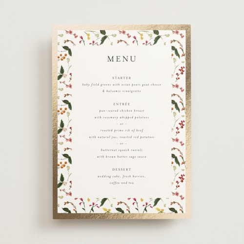 This is a burgundy menu cards with foil pressed by Susan Moyal called enchanting printing on signature in standard