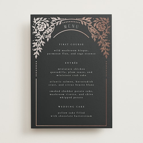 This is a onyx menu cards with foil pressed by Ana de Sousa called gilded nouveau frame printing on signature in standard