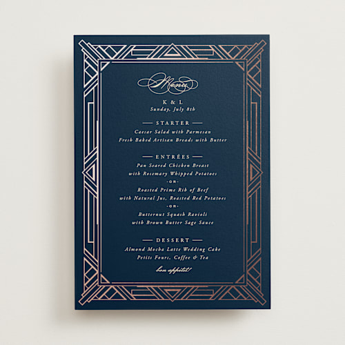 This is a navy menu cards with foil pressed by Hooray Creative called opulent border printing on signature in standard