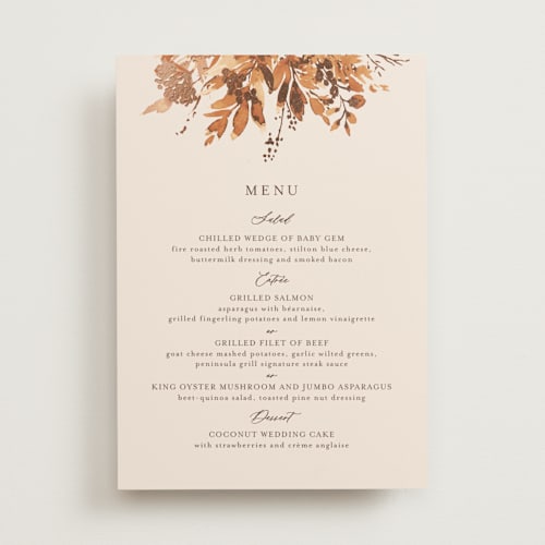 This is a rust menu cards with foil pressed by Chris Griffith called wedding in aspen printing on signature in standard