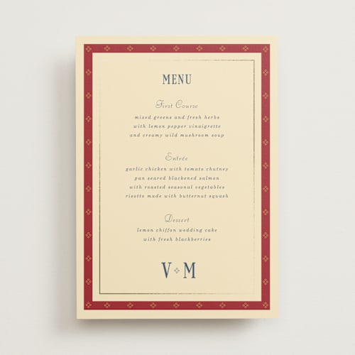 This is a navy menu cards with foil pressed by Baumbirdy called woven printing on signature in 5x7