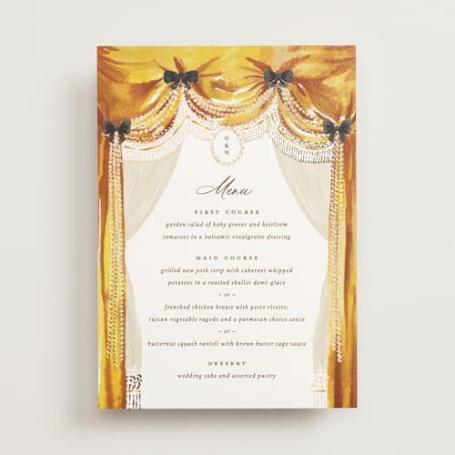 This is a golden menu cards with foil pressed by Claudia Orengo called tuileries printing on signature in 5x7