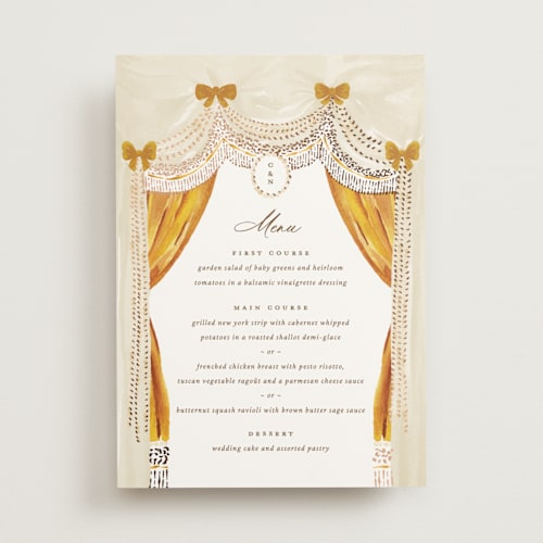This is a amber menu cards with foil pressed by Claudia Orengo called tuileries printing on signature in 5x7