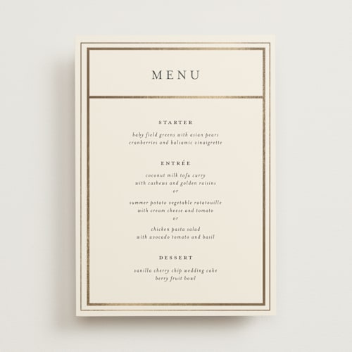 This is a almond menu cards with foil pressed by Stephanie Hawkes called hansen printing on signature in standard