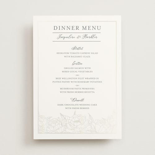 This is a mist menu cards with gloss press by Amy Ngo called blooming peonies printing on signature in standard