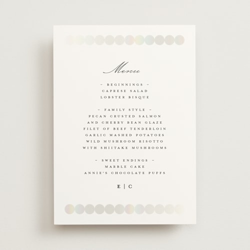 This is a silk menu cards with gloss press by mo kelley called pearls printing on signature in standard