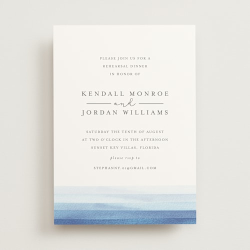 This is a azure rehearsal dinner invitations with standard by Bethan called watercolour stripe printing on signature in standard