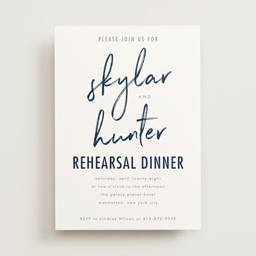This is a navy rehearsal dinner invitations with standard by Phrosné Barwood called funky names printing on signature in standard