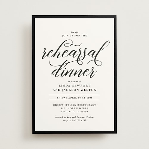 This is a black tie rehearsal dinner invitations with standard by Laura Hamm called modern classic printing on signature in standard
