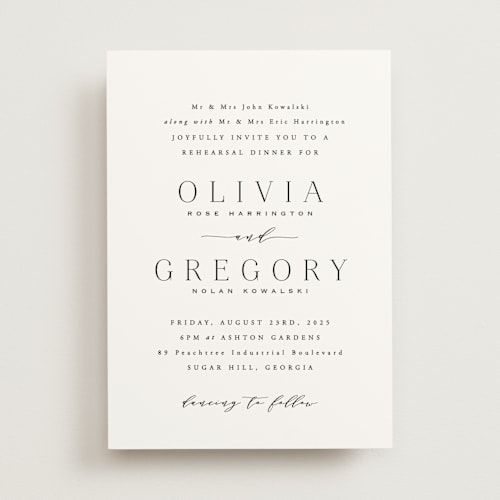 This is a lily rehearsal dinner invitations with standard by Hooray Creative called classy type printing on signature in standard