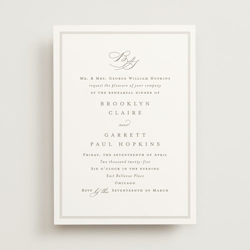 This is a cotton rehearsal dinner invitations with standard by Amy Kross called overlapping printing on signature in standard