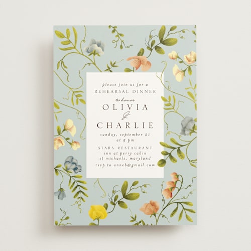 This is a bluebell rehearsal dinner invitations with standard by Chris Griffith called a botanical event printing on signature in standard