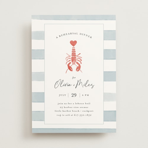 This is a ocean rehearsal dinner invitations with standard by Jen Tips called love and lobsters printing on signature in standard