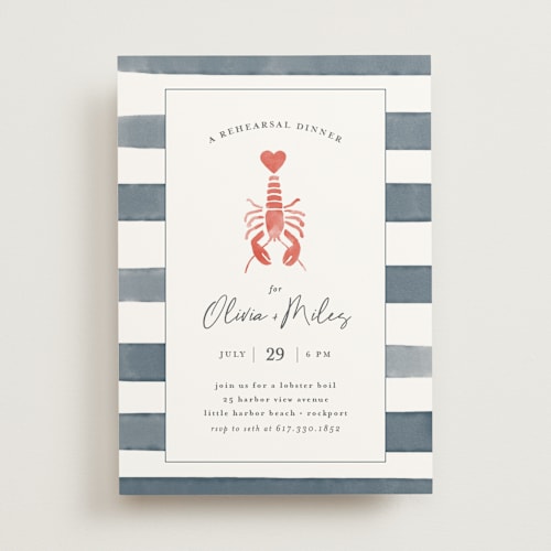 This is a navy rehearsal dinner invitations with standard by Jen Tips called love and lobsters printing on signature in standard