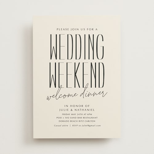 This is a sand rehearsal dinner invitations with standard by Inkblot Design called classic welcome printing on signature in standard