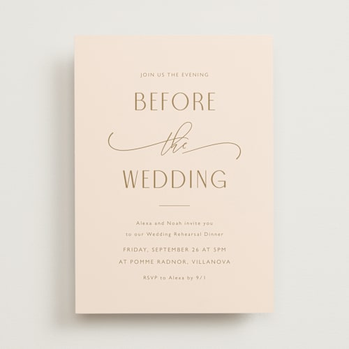 This is a champagne rehearsal dinner invitations with standard by Carolyn MacLaren called flourished rehearsal printing on signature in standard