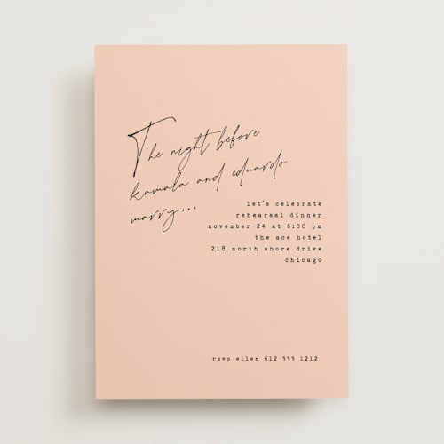 This is a blush rehearsal dinner invitations with standard by Susan Brown called just a note printing on signature in standard