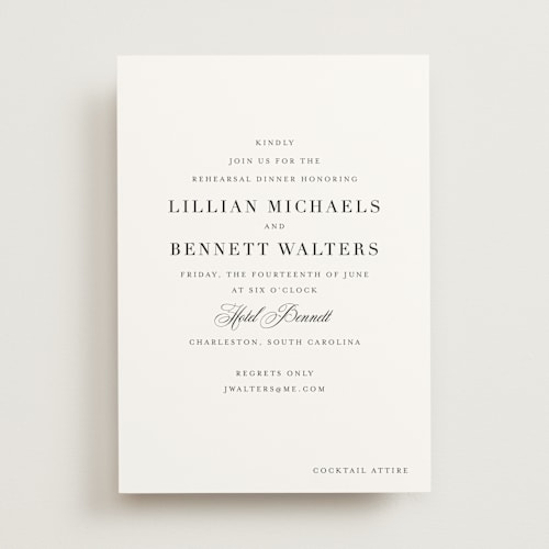 This is a tuxedo rehearsal dinner invitations with standard by Megan Davis called charleston printing on signature in standard