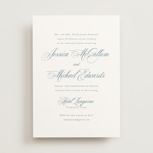 This is a dusty blue rehearsal dinner invitations with standard by Jennifer Postorino called empire printing on signature in standard